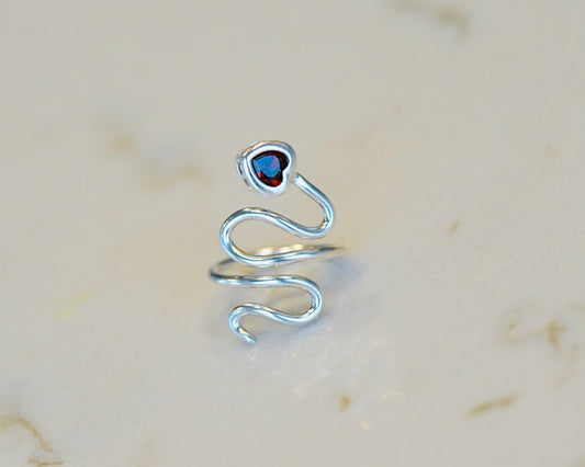 Silver Snake Garnet Heart Ring