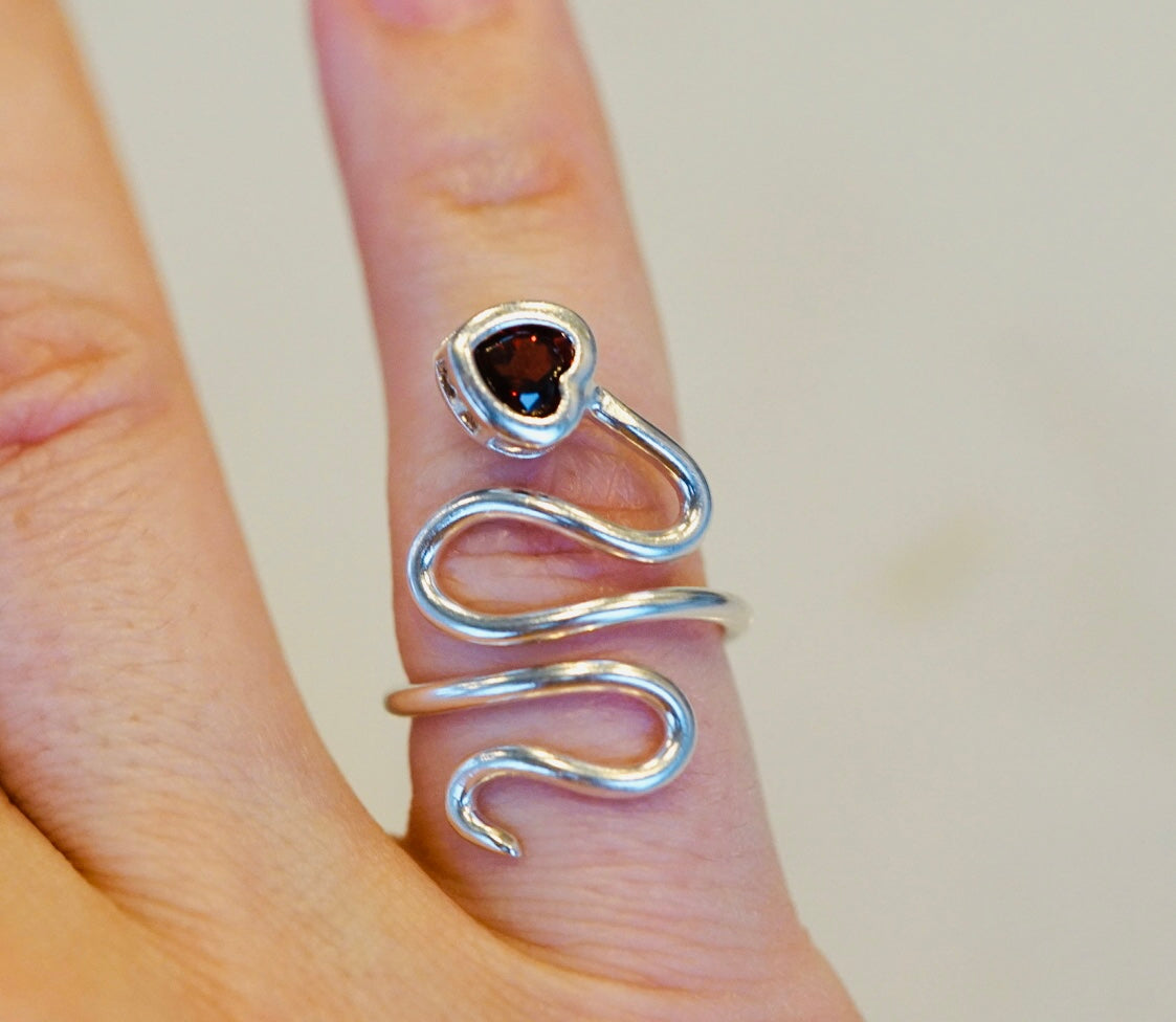 Silver Snake Garnet Heart Ring